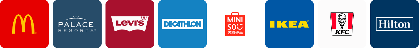 Logos de clientes incluyendo McDonald's, Palace Resorts, Levi's, Decathlon, Miniso, IKEA, KFC y Hilton